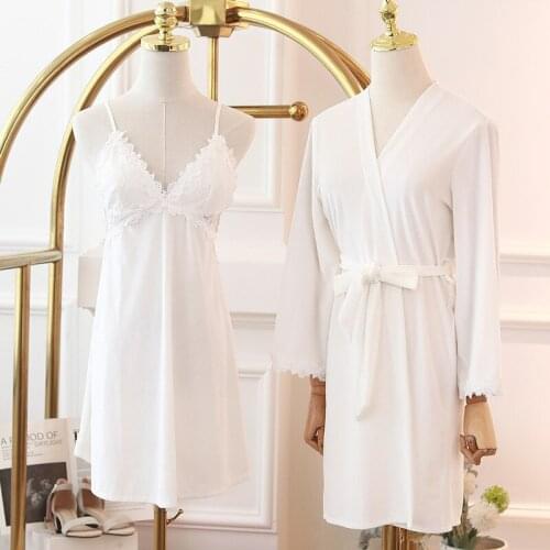 Women white Velvet Kimono Robe Set Sleepwear Casual Long Sleeve Nightgown Bathrobe Gown Lace Nightwear Intimate Lingerie