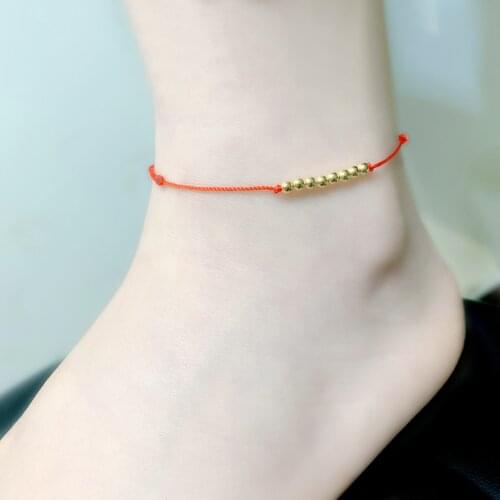 ZHIXI Real 18K AU750 Gold Ball Anklet Adjustable Red Rope for Women Fine Jewelry Gift J570