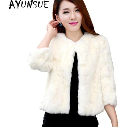 AYUNSUE 2020 Women Genuine Rabbit Fur Coats Solid Female O-Neck Natural Rex Rabbit Fur Jacket Short Winter Real Fur Coat 15C315