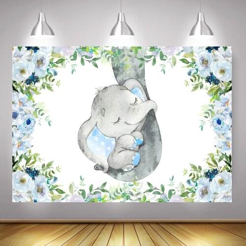 Elephant Baby Shower Photography Backdrop for Photo Shoot Blue Rose Floral Newborn Elephant Birthday Party Background Photocall