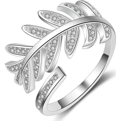 Hot Sale Promotion New Fashion Feather Design Shiny Zircon 925 Sterling Silver Adjustable Size Rings for Women Jewelry Gift