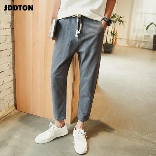 JDDTON Summer Mens Cotton Linen Pants Japanese Casual Beam Foot Pant Hip Hop Fashion Ankle Length Streetwear Male Trouser JE463
