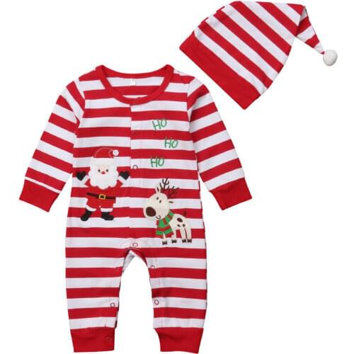 Christmas Baby Boy Girl Stripe Santa Claus Romper Jumpsuit+ Hat Clothes 2Pcs Outfit Set Xmas Costume