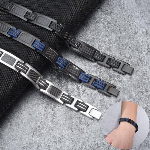 Magnetic Bracelet Men Stainless Black Carbon Fibre Silicone Energy Magnetic Bracelet Benefits Therapy Arthritis Bracelet Male