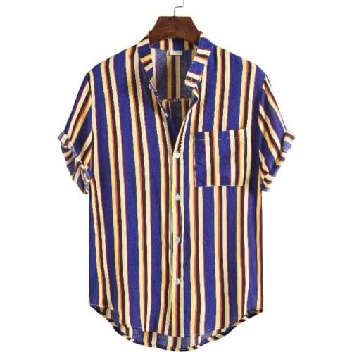 Men Summer Fashion Shirt Casual Striped Shirt Short-Sleeve Blouse Short-sleeved striped shirt cotton and linen