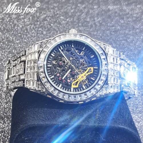 Hip Hop MISSFOX Hollow Mens Watches Automatic Mechanical Iced Out Fashion Square AAA Diamond Male Luxury Clock Relógio Masculino