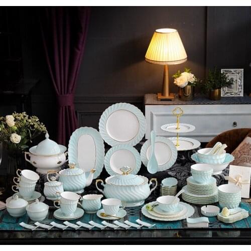 60pc Luxury bone china dinner set Household Thread Phnom Penh Ceramic Dishes Combination Plate Gift Box cutlery set tableware