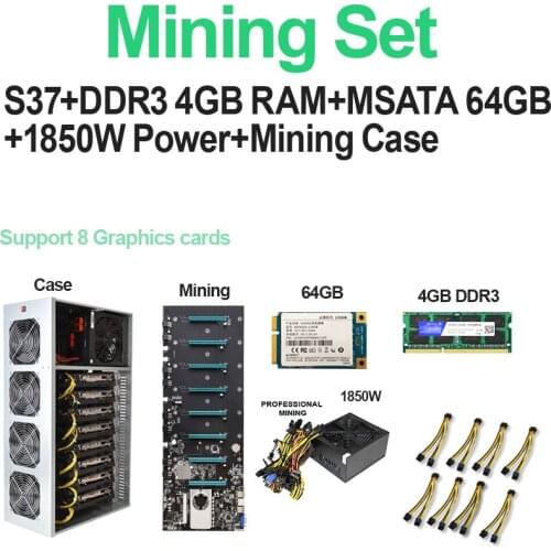 Mining Motherboard Set Combo 8 GPU Bitcoin Crypto Ethereum BTC Low Power with 4GB RAM 64GB MSATA SSD Power Cable Mining Case