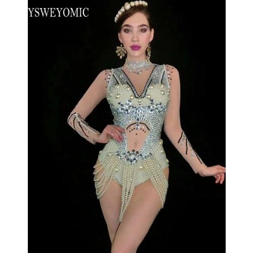 2020 New Long Sleeves Silver Rhinestones Pearls Transparent Bodysuit Womens Bar Birthday Celebrate Outfit Dance Mesh Outfit