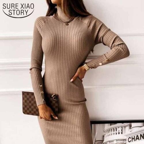 Solid Backless Slim Button Bodycon Fashion Sweater Dress Sexy Sheath Turtleneck Long Sleeve Knitted New Winter Long Dress 12595