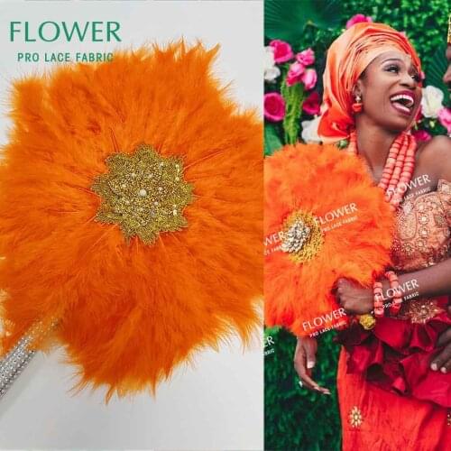 Orange Unique Design African Stones Feather Big Fan Ladies Wedding Feather Fan For Wedding Women Feather Guinea Feather Handfan