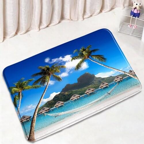 Beach Palm Trees Ocean Scenery Bath Mats Summer Natural Landscape Door Pad Entrance Floor Mat Bathroom Rug Non-slip Carpet Decor