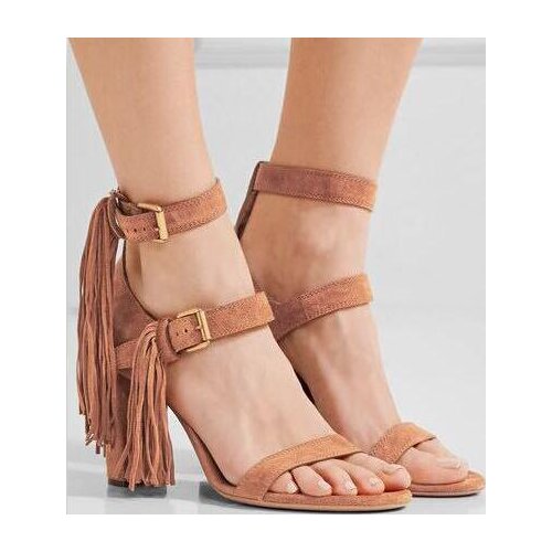 Drop Shipping 2017 Summer New Women Fashion Suede Khaki Black Tassel Buckles Rough Heel Open Toe High Heel Party Sandals Shoes