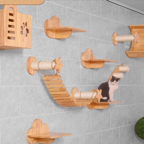 Cat Climbing Frame Solid Wood Wall Jumping Platform Springboard Climbing Ladder Wall-mounted Cat Nest Star Clock Ornaments
