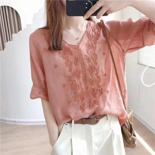 New Women Shirts Summer Loose Sweet Style Embroidery V-neck Collar Petal Sleeve Female Fashion Tops Ramie