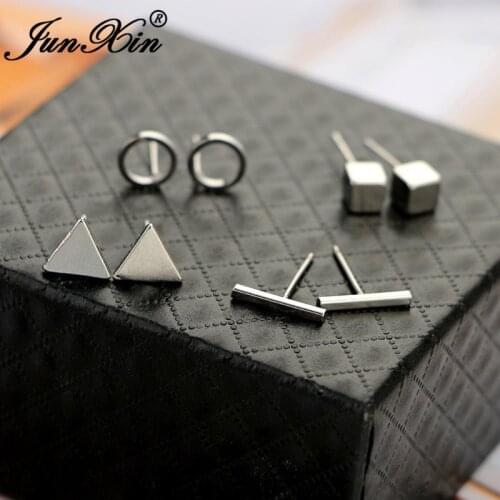 JUNXIN Geometry Small Bar Stud Earrings For Women Men White Gold Black Metal Triangle Square Earrings Set Female Male Studs