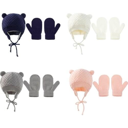 Kids Hats Gloves 2 Pcs Sets Children Knitted Beanies Hat Suit Solid Winter Warm Boys Girls Fleece for Newborn Baby H3CD