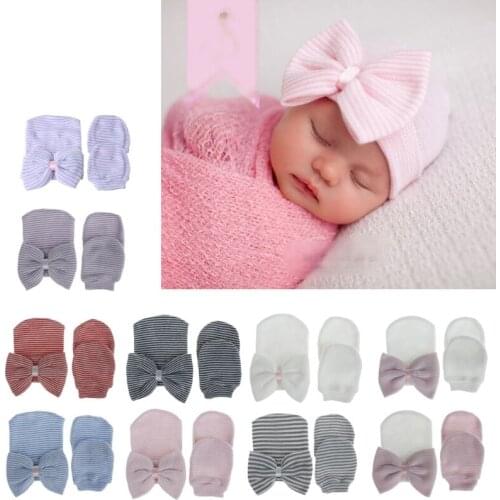 Newborn Baby Hat and Mitten Set Hospital Knit Hat Cap with Big Bow Soft Cute Knot Nursery Beanie Hat