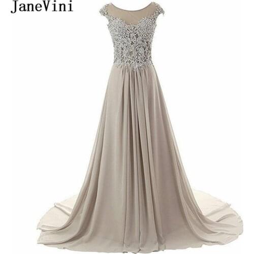 JaneVini 2018 Silver Gray A Line Chiffon Bridesmaid Dresses Scoop Neck Lace Applique Beaded Sweep Train Long Wedding Guest Dress
