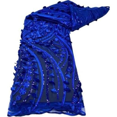 Blue Latest African Mesh 3d flower Lace Fabric Embroiderey Sequins French Tulle Laces Fabric For Nigerian Wedding Party Sew