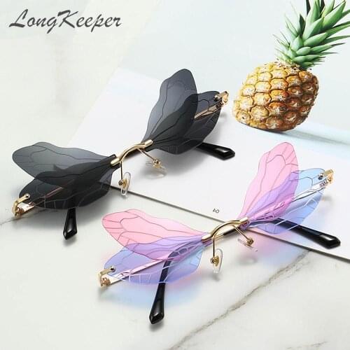 LongKeeper Fashion Rimless Sun Glasses Women Vintage Dragonfly Steampunk Sunglasses Men Gradient Lens Shades Oculos De Sol