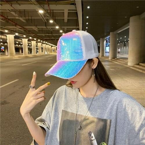 Striking Pretty Adjustable Women Panama Girls Hats For Party Club Gathering Rainbow Sequins Shining Mesh Baseball Cap