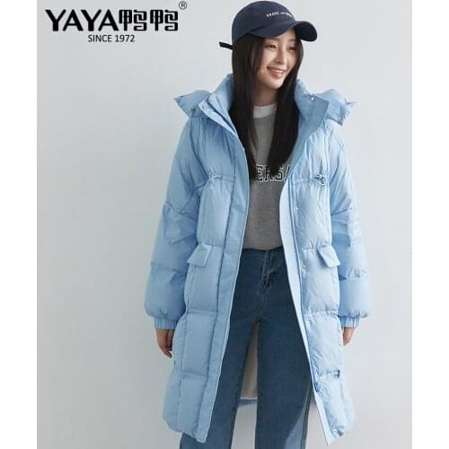 YAYA 2021 Womens Winter White Duck Down Jacket Thick Loose below knee longer Warm Down Overcoat Hood Windbreak Padded Outerwear