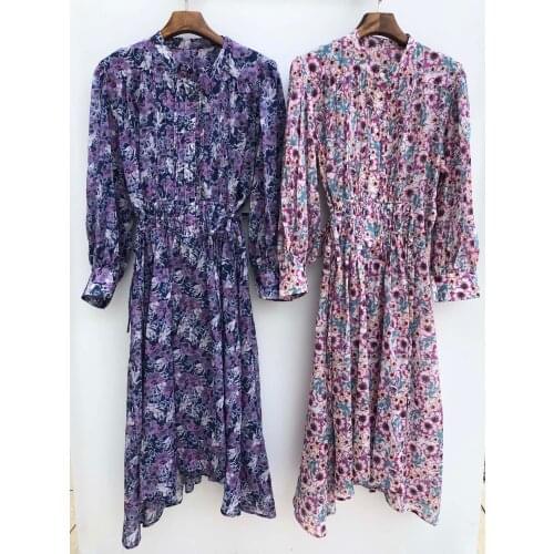 2021 Woman Paisley Floral Print Long Shirt dress Buttons front Stand Collar Drawstring Waist Tied Long Sleeves Midi dress