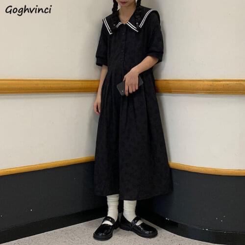 Women Short Sleeve Dress Sailor Collar Patchwork A-line Loose Slim Simple Japanese Trendy All-match Preppy Casual Daily Date New