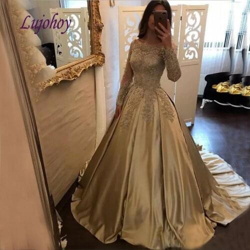 Gold Long Sleeve Lace Evening Dresses Party Plus Size Ball Gown Women Ladies Elegant Prom Formal Evening Gowns Dresses 2019