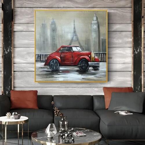 100% Hand Painted Oil Painting Minimalist Made Red Car Painting On Canvas Decorative New Original Design Wall Art Frameless