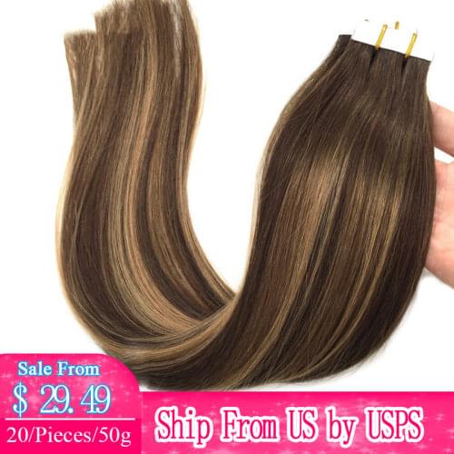 20pcs Tape in Human Hair Extensions Seamless Straight Human Hair Extensions Skin Weft Remy Hair Adhesive 14"-24" Blonde Omber