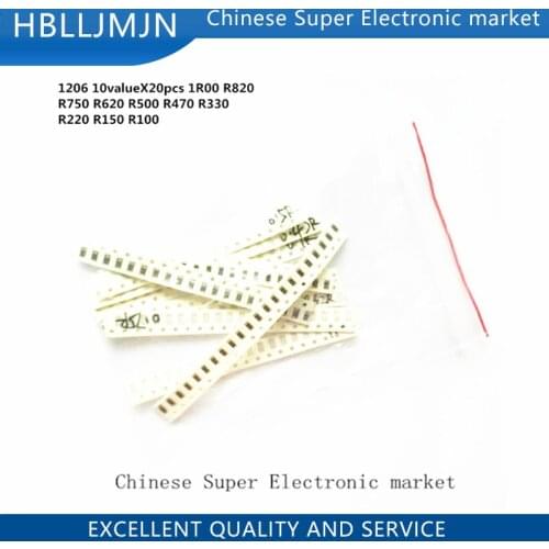 200PCS 1% 1206 SMD resistors assorted kit set ,10 valueX20pcs=200pcs 1R00 R820 R750 R620 R500 R470 R330 R220 R150 R100
