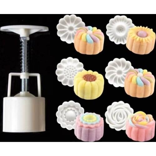 6pcs/set Flower Shaped Mooncake Mold 50g Cake Mold Hand Pressure Fondant Moon Cake Decorating Tools Cookie Cutter Baking Tool