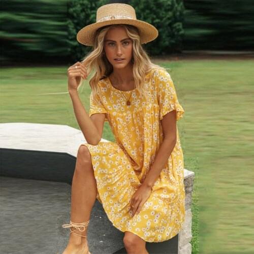 Ardm Casual Daisy Floral Print Round Neck Short Sleeve Summer Dress Loose Ruffled Women Dress Straight Female Mini Dress