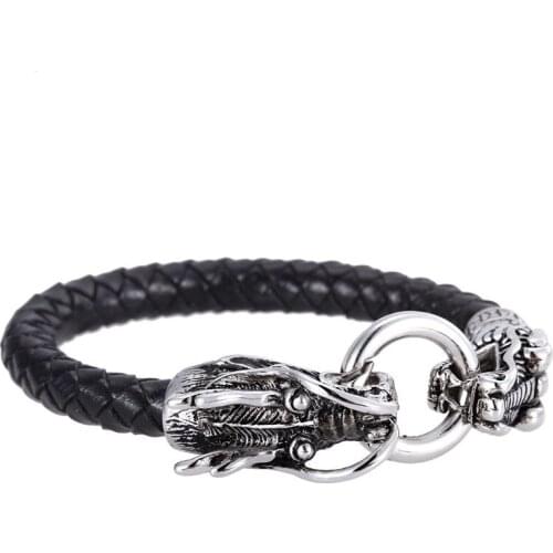 New Design Handmade Braided Genuine Leather Bracelet & Bangle For Men Fashion Stainless Steel Dragon Pattern Bangles Jewelry