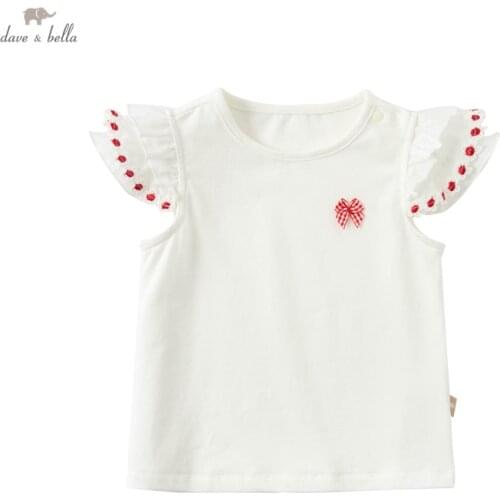 DB17438 dave bella summer baby girls cute bow floral T-shirt children tops girl kids fashion tees