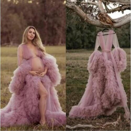 Elegant Tulle Maternity Prom Dresses See Through Sexy Women Long Sleeve Plus Size Tulle Maternity Dressing Gowns For Photography
