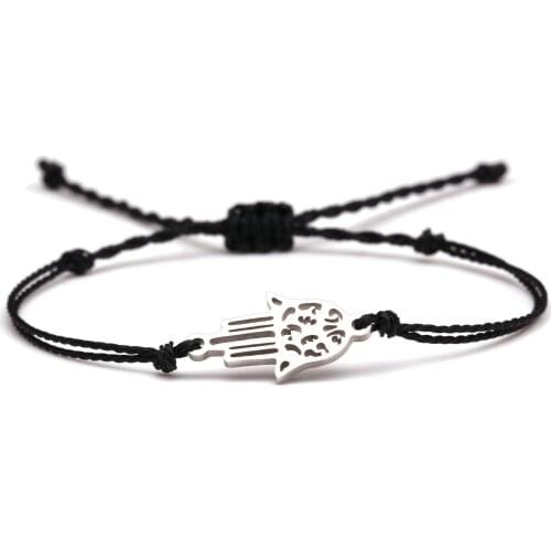 Cute Stainless Steel Hamsa Hand Charm Bracelet Women Girl Black Green Blue Red Waxed String Hand Of Fatima Beach Jewelry Gift
