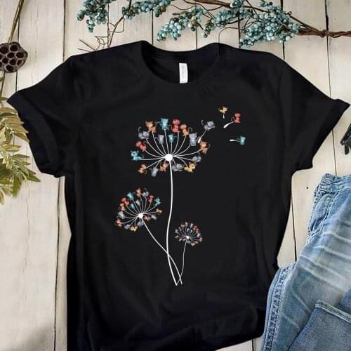 Cat Dandelion Shirt Plus Size Women Harajuku Short Sleeve Mama Top Tees O Neck 100% Cotton Mother Casual Shirt Color printing