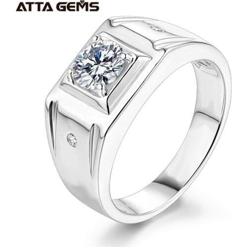 ATTAGEMS 1CT D Color 6.5mm Moissanite Diamond Men Ring Design Men Ring 925 Sterling Silver Party Ring Fathers Day gift