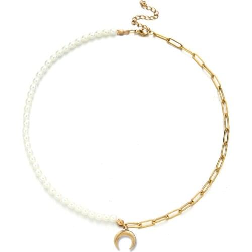 Stainless Steel Imitation Pearl Crescent Moon Pendant Necklaces For Girls Women Female Beaded Choker Collar Jewelry