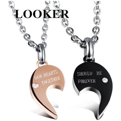 LOOKER Half Heart Puzzle Lovers Pendant Necklaces Romantic Black/Gold Color Cubic Zirconia Women Men Jewelry