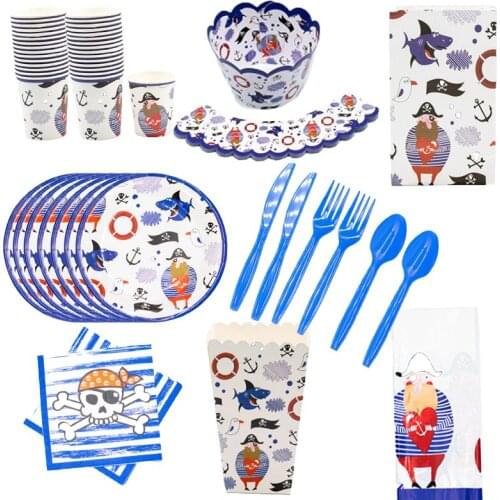 Cartoon Buccaneer Theme Happy Birthday Disposable Tableware Decorations Paper Plates Cups Napkins Baby Shower Party Supplies
