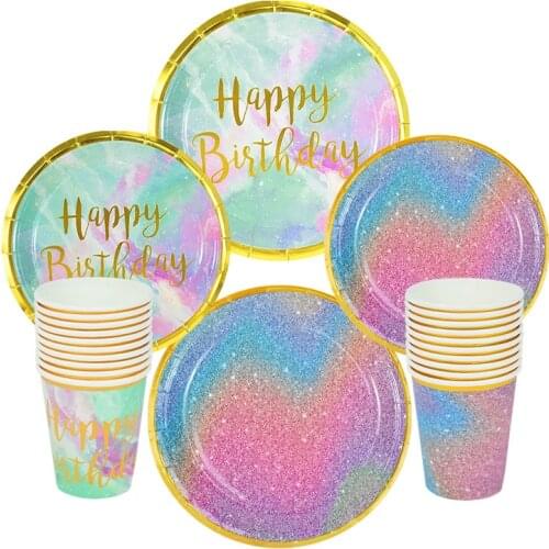 Happy Birthday Disposable Tableware Sets Paper Plates Cups Under The Sea Mermaid Party Supplies Cake Dishes Kids 1st Anniversary