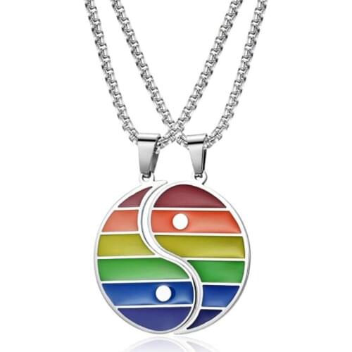 Stainless Steel Gay Yin and Yang Rainbow Pendant Necklace Round Circle Taichi Necklaces Jewelry Gift For Him with Chain