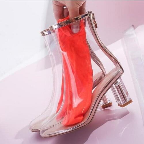 2019 Newest Socks Boots Shoes Chunky Heels Round Toe Jelly Shoes Gold Trip Square Heels PVC Transparent Womens Boots Ankle