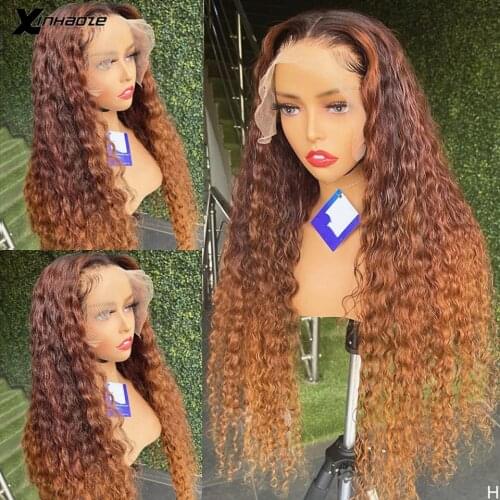 Lace Closure Human Hair Wigs Highlight Ombre Brown Blonde Curly Brazilian Remy Hair Lace Wigs 180% Density 13x4 Lace Front Wig