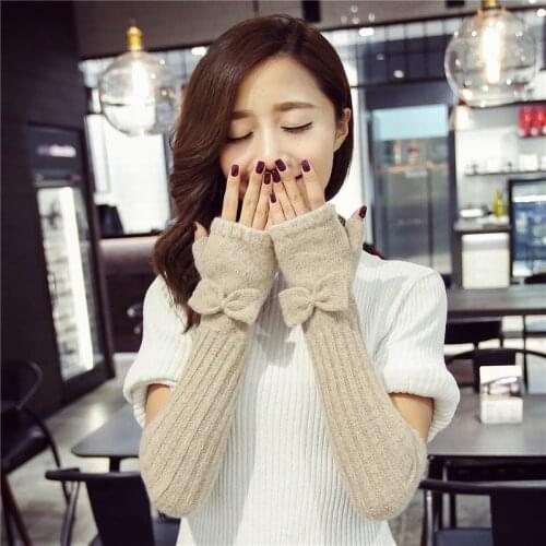 Autumn Winter Women Knitted Wool Gloves Elegant Bowknot Lady Fingerless Mittens Thermal Arm Warmers Solid Color Half Finger T102