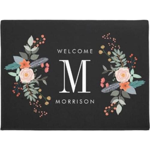 Personalized Family Name Botanical Flower Monogram Doormat Door Mat Machine Washable Non Slip Mats Bathroom Carpet